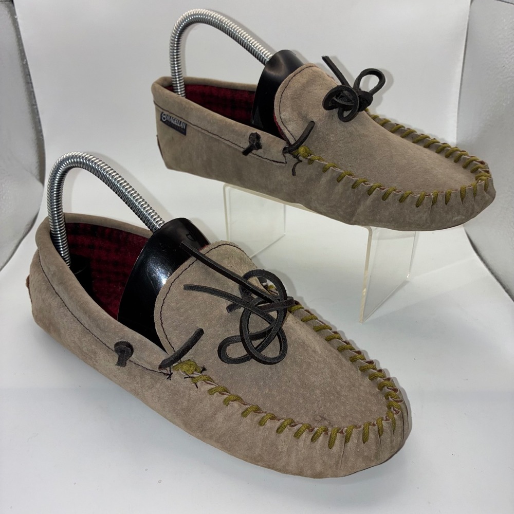 Magellan Outdoors Youth Suede Moccasin Slippers Tan Plaid Lining Size 6